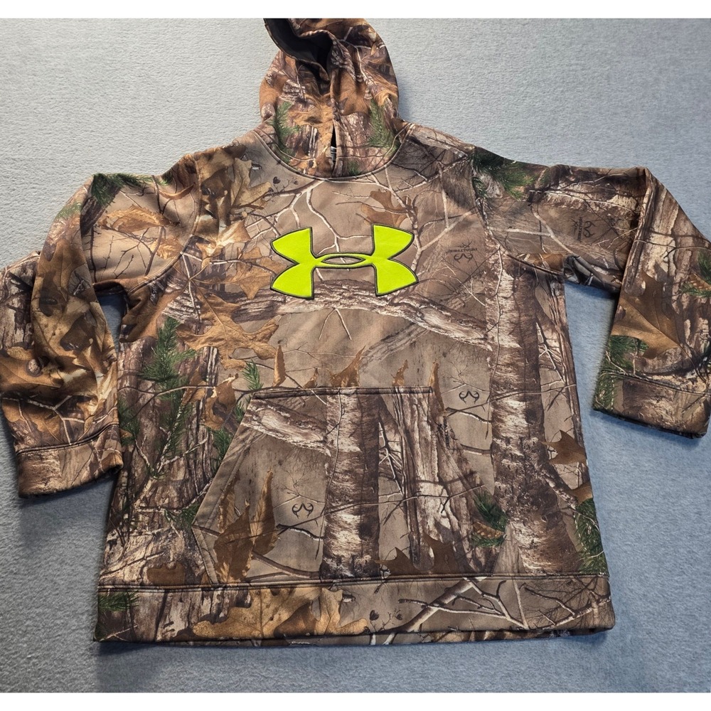 Under Armour Camo Hoodie Youth XL Realtree ColdGear Neon Logo Sweatshirt